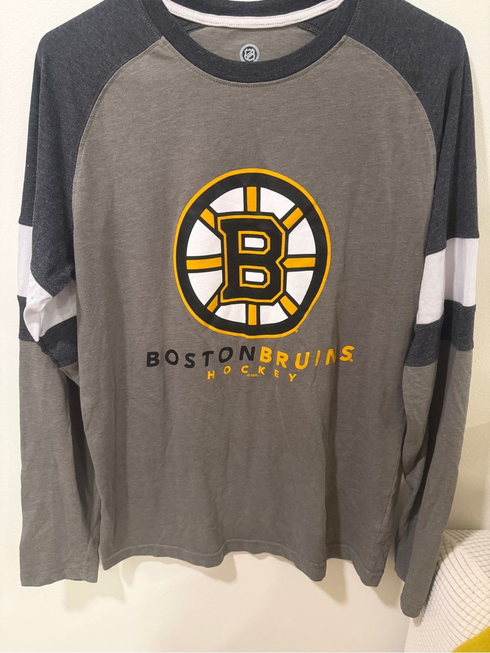 NHL Boston Bruins Gray and Dark Gray Long-Sleeve Raglan Tee with Yellow Logo